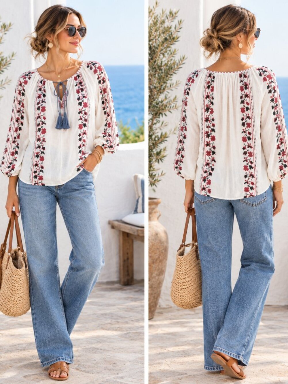 Anthro Vanessa Virginia Ivory & Red Embroidered Boho Top size XS Peasant Blouse